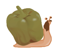 cartoon snail with long brown hair and a green pepper in place of shell